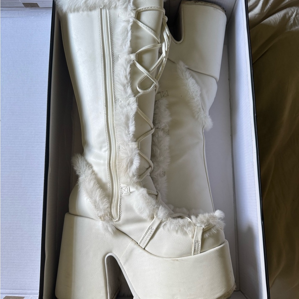 Women’s Cream Faux-Fur Platform Knee Boots